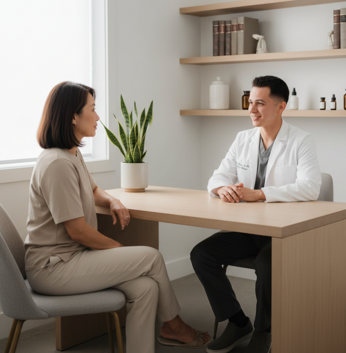 Devin speaking with a patient