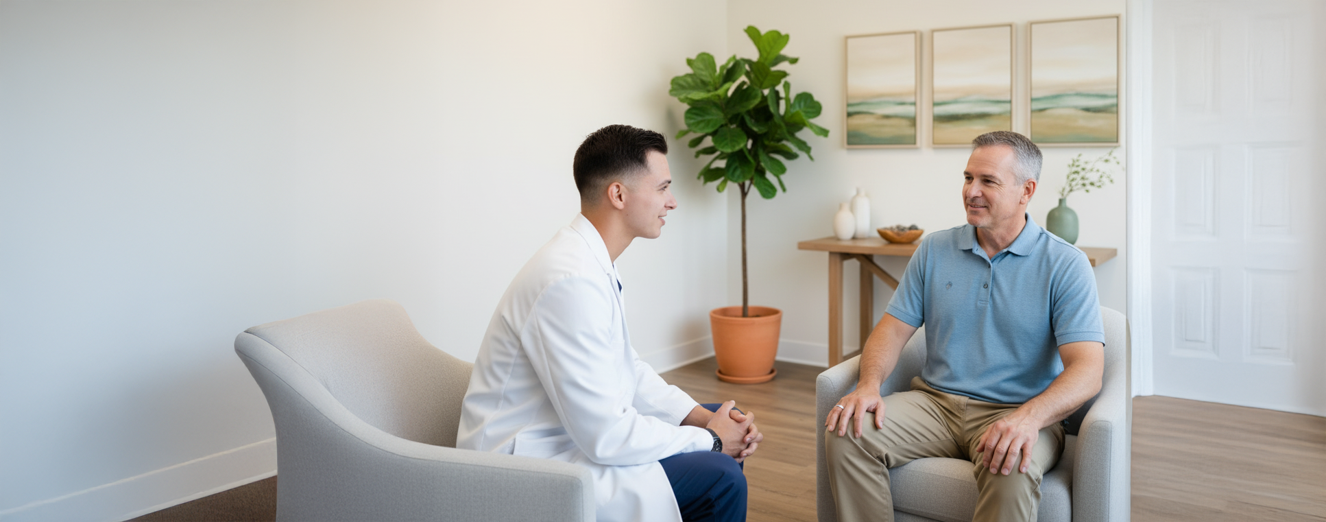 A senior man in a blue polo shirt sits in a light gray armchair, smiling at a young  doctor, in a bright, modern therapy or consultation room.